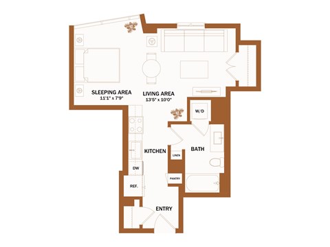 A brown floor plan of a house with a sleeping area, living area, kitchen, bath, and entry.